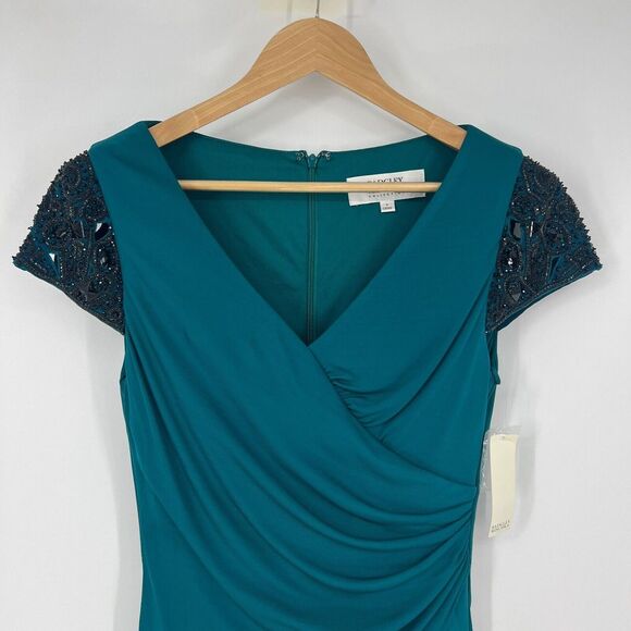 BADGLEY MISCHKA Evening Dress Gown Womens Size 8 Teal Beaded Cap Sleeve Gala NWT - Picture 9 of 16